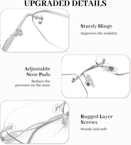 Miniatura 4 de LUFF Rimless Reading Glasses for Women Blue Light Computer Readers Lightweight 16g Metal Frame Eye Strain Relief plateado
