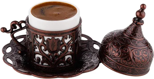 Miniatura 8 de Juego completo de preparación y servicio de café turco, griego y árabe DEMMEX con tazas, platillos, tapas, azucarero, bandeja y cafetera de cobre