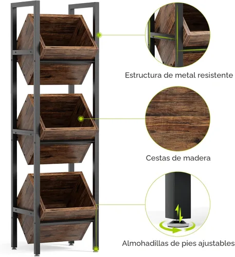 Miniatura 9 de LITTLE TREE Soporte de Cesta de 3 Niveles, Unidad de Estantería de Pie de Madera, Organizador de Almacenamiento Rústico de Pie para Cocina, Baño