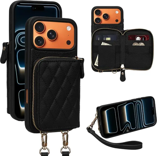 Miniatura 69 de Funda tipo cartera para iPhone 15 de 6.1 pulgadas, bolso cruzado con cremallera y correa para la muñeca con cordón para mujer, tarjetero con bloqueo