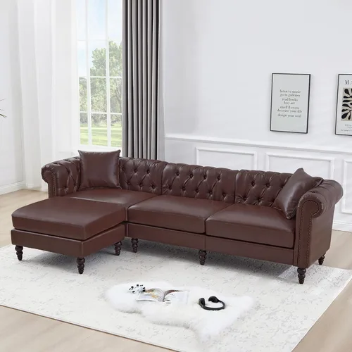 Miniatura 10 de LEVNARY Sofá seccional Chesterfield en forma de L de 108 pulgadas con otomana móvil, sofá de 4 asientos con brazos curvos, tapizado en piel