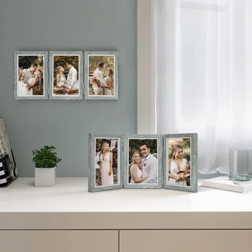 Miniatura 2 de Afuly Marco de Fotos 6x4 Gris 3 Marcos de Fotos Multi con Bisagra Plegable de 360° Marcos de Madera 4x6 Collage para Mesa Colgante de Pared Boda