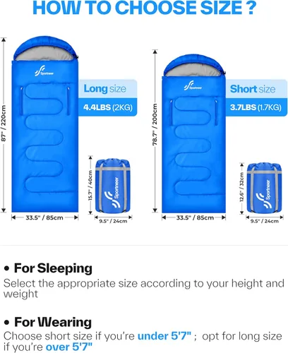 Miniatura 6 de Sportneer Saco de dormir portátil para adultos y niños - Caminable con cremalleras en los brazos, clima cálido e impermeable frío, compacto para Azul