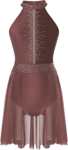 Miniatura 5 de Disfraz de danza lírica para mujer, cuello halter, falda fluida, leotardo de ballet, ropa de baile moderna y contemporánea