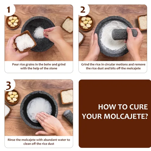 Miniatura 5 de Molcajete de 7 pulgadas mexicano, hecho a mano con piedra volcánica natural, utensilio de cocina artesanal para moler con poros para triturar