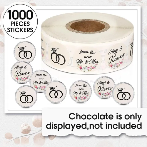 Miniatura 3 de Laumoi 1000 piezas Abrazos y besos de los nuevos Sr. y Sra. Adhesivos para boda, etiquetas de gotas de chocolate, etiquetas de caramelo de 1.9 cm