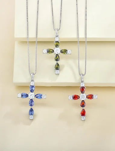 Miniatura 70 de YL Collar de cruz de plata de ley 925 con colgante de piedra natal religiosa para mujer