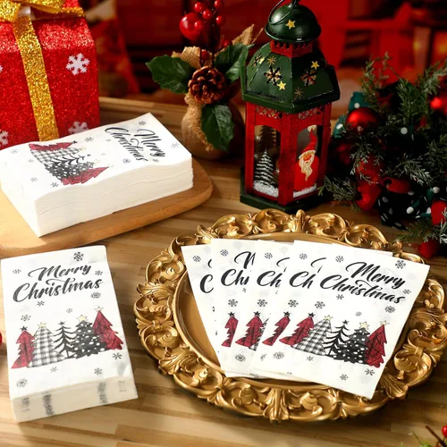Miniatura 6 de Cholemy 200 servilletas de mano desechables de papel de 2 capas, servilletas de mano de árbol de Navidad, bola de árbol de Navidad, diseño de Papá