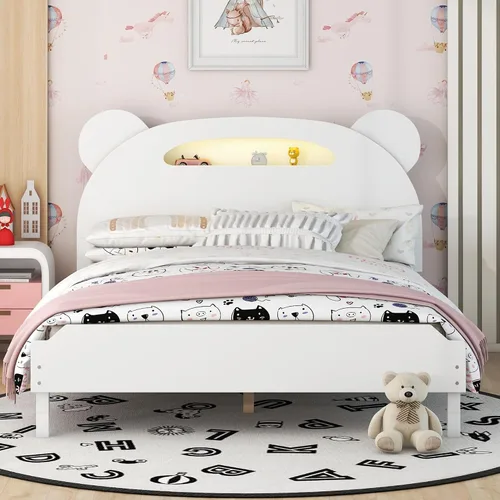 Miniatura 13 de Cama de plataforma de madera de tamaño individual con cabecero y estribo en forma de oso, sin ruido, para niños, adolescentes, niños y niñas,