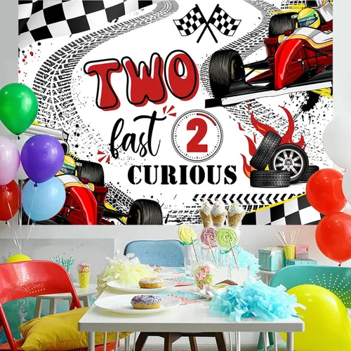 Miniatura 3 de Telón de fondo rojo de 5 x 3 pies, con texto en inglés "Happy Birthday", dos decoraciones rápidas de segundo cumpleaños, con bandera a cuadros