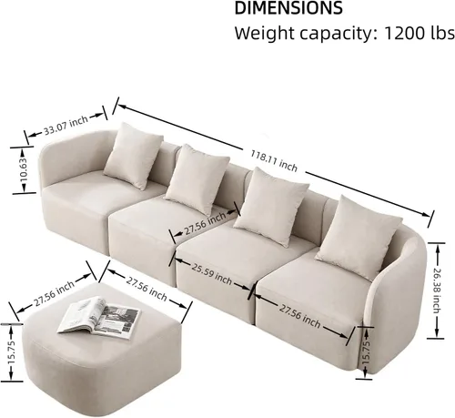 Miniatura 2 de Sofá modular de 118 pulgadas con otomana, sofá seccional de asiento profundo para sala de estar, sofá en forma de L para apartamento, cómodo sofá