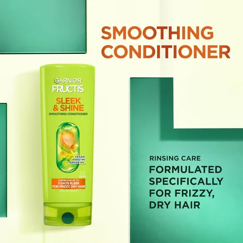 Miniatura 5 de Garnier Fructis Sleek & Shine Champú, Acondicionador + Juego de Acondicionador Sin Enjuague para Cabello Encrespado y Seco, Queratina Vegetal +