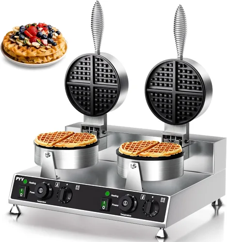 Miniatura 8 de PYY Gofrera Comercial - Plancha de Gofres Antiadherente de 1300W, Máquina de Gofres Belga Redonda de Acero Inoxidable 20Pcs/H, Control de Tiempo