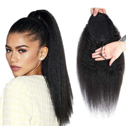 Miniatura 14 de Extensión de Cola de Caballo de Cabello Humano Kinky Recto con Pasta Mágica Envolvente de 30,48 cm, Cabello Natural Negro Brasileño, Extensiones