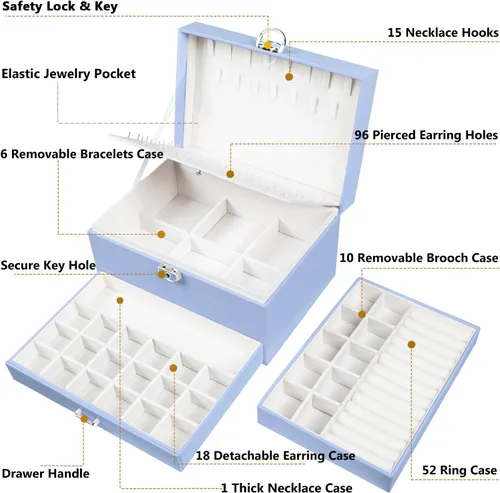 Miniatura 70 de Joyero de pendientes para mujeres y niñas, organizador de aretes de 5 capas, caja organizadora de joyas blanca con candado, collares y aretes