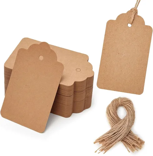 SallyFashion 100 etiquetas de regalo con cuerda adjunta, etiquetas colgantes de papel kraft de 1.7 x 2.8 pulgadas para ropa, manualidades, boda, 100