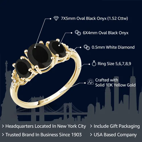 Miniatura 2 de Gem Stone King Anillo de compromiso ovalado de oro amarillo de 10 quilates con ónix negro y diamantes para mujer