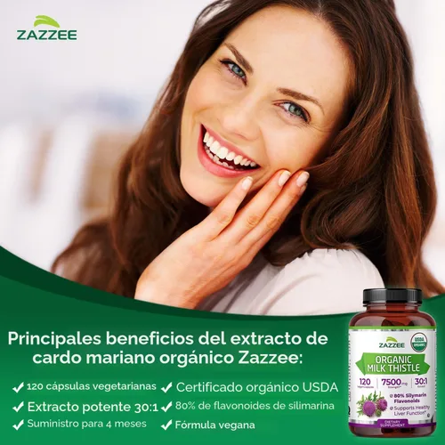 Miniatura 4 de Zazzee Extracto de Cardo Mariano Orgánico USDA 30:1, 7500 mg de Potencia, 120 Cápsulas Veganas, 80% Flavonoides de Silimarina, Extracto