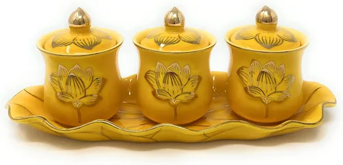 Houlu Juego de 3 tazas de altar, taza de cerámica para ofrenda de agua bendita, taza de adoración budista tibetana (amarillo)