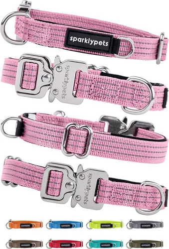 Miniatura 19 de SparklyPets Collar de perro ancho de servicio pesado con hebilla cromada de liberación rápida, collar táctico grueso para perro con rayas Azul