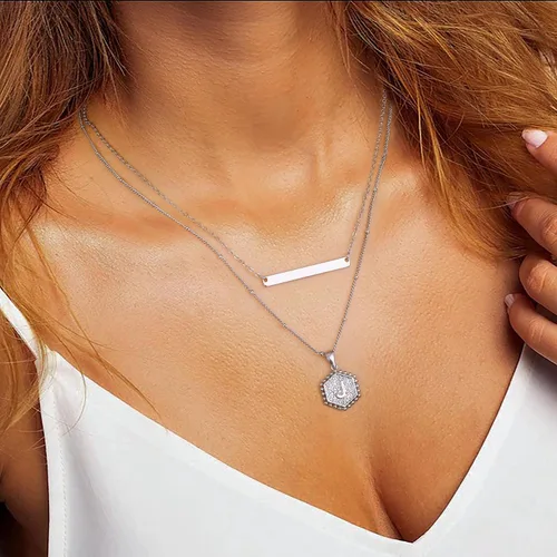 Miniatura 6 de Turandoss Collares de plata con iniciales en capas para mujer, chapado en oro blanco de 14 quilates, collar de cadena de clip con dije de letra