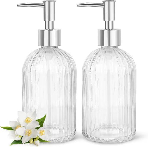 Miniatura 19 de Topsky Paquete de 2 dispensadores de jabón de vidrio con bomba de plástico negro, dispensador de jabón líquido de manos de 11.2 fl oz, bomba a