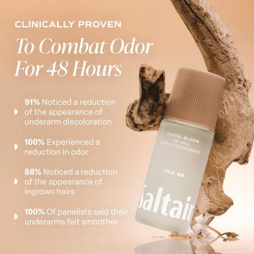 Miniatura 3 de Saltair Desodorante en suero Santal Bloom, paquete de 2. Fórmula AHA al 5%. Desodorante de ácido láctico y ácido mandélico. Control de olores sin