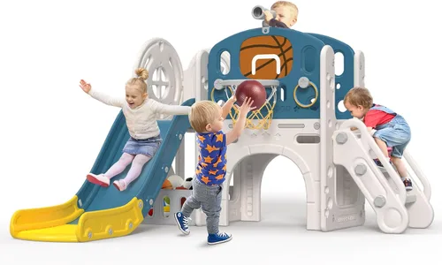 Miniatura 8 de BIERUM - Tobogán para niños pequeños 9 en 1, tobogán para bebés de 1 a 3 años con juego de anillos, aro de baloncesto y telescopio, juego de parque