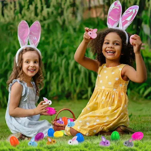 Miniatura 6 de Paquete de 36 rellenos de huevos de Pascua con peluche de conejo de Pascua, huevos de Pascua con juguetes en el interior, mini animales de peluche