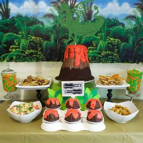 Miniatura 6 de Decoración de pastel de dragón, decoración de pastel de fiesta de cumpleaños de dinosaurio, dinosaurio jurásico de la selva T-Rex rugido feliz