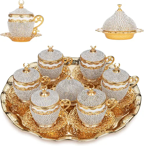 Alisveristime Juego de 27 tazas otomanas de café turco griego árabe para servir, platillo de cristal (Gelincik) – Juego tradicional hecho a mano con