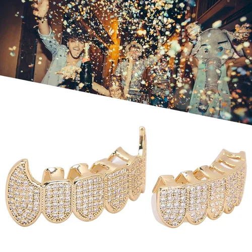 Miniatura 3 de Rejillas de dientes de cobre chapado en frío, oro plateado, dientes de diamante helados para hombres y mujeres rapero traje dientes joyería