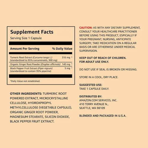 Miniatura 2 de Amazon Elements Complejo de Cúrcuma, 316 mg de Curcumina con Jengibre y Pimienta Negra, Apoyo Articular e Inmune, 65 Cápsulas