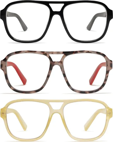 Miniatura 10 de AMOMOMA Paquete de 3 lentes de lectura de gran tamaño con bisagra de resorte de aviador para mujeres y hombres, marco retro para lector