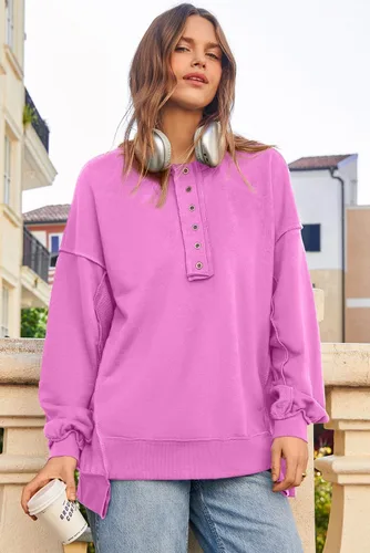 Miniatura 53 de AlvaQ - Sudadera de gran tamaño para mujer, informal, de manga larga, con botones y cuello Henley, tipo túnica