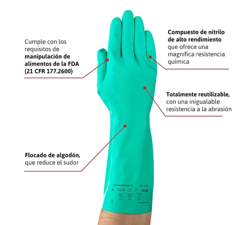 Miniatura 2 de AlphaTec Solvex 37-175 Guante Multiproósito, Alta resistencia Química, Buen nivel de abrasión, Talla Mediana (1 Par)