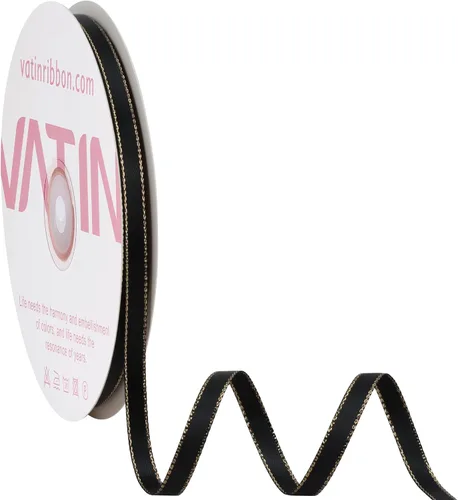 VATIN Cinta de satén de doble cara de 1/4 de pulgada, color negro con borde dorado, 50 yardas para decoración, manualidades, envoltura de regalos,