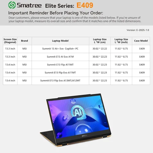 Miniatura 2 de Smatree Funda para portátil MSI Summit 13 AI+Evo Copilot+PC/E13 AI Evo A1M, para Summit E13 Flip Evo de 13.4 pulgadas, funda con bolsillo