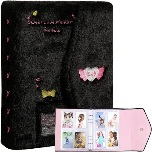 Carpeta A5 Kpop - Álbum de fotos de felpa con 20 fundas interiores de 3 pulgadas para álbum de fotos en hojas sueltas, rellenable, 6 anillos, Negro