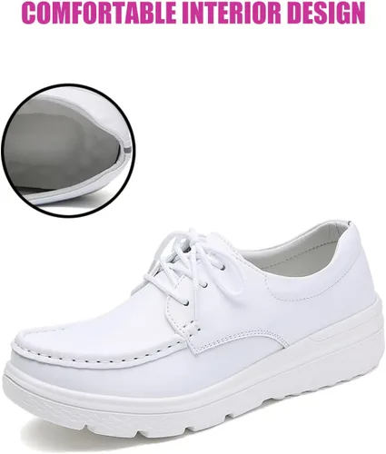 Miniatura 4 de DirraBra Mocasines de cuero para mujer, con plataforma, con cordones, transpirables, ligeros, cómodos