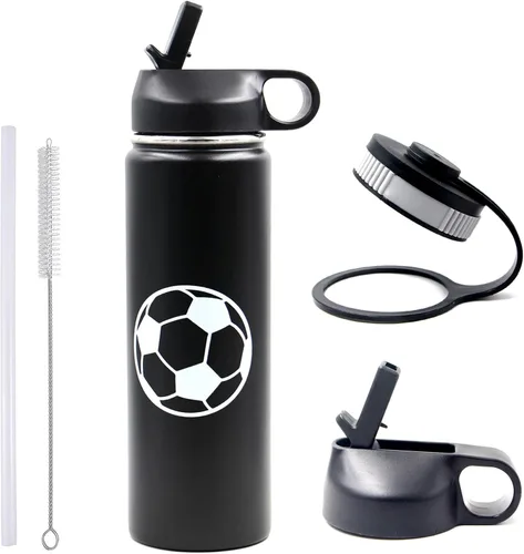 Miniatura 7 de Botella de agua de baloncesto de 12 onzas, botella de agua deportiva aislada al vacío de acero inoxidable con popote y 2 tapas, botella de agua