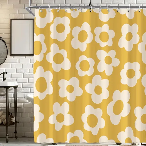 Miniatura 36 de Cortina de ducha pequeña para casa rodante, tamaño medio, estilo retro de los 70, con flores bonitas, estética abstracta de margaritas, decorativa
