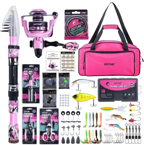Goture Combo de caña de pescar y carrete rosa - Carrete giratorio ML Action con bolsa rosa - Kit de caña telescópica para principiantes, viajes,