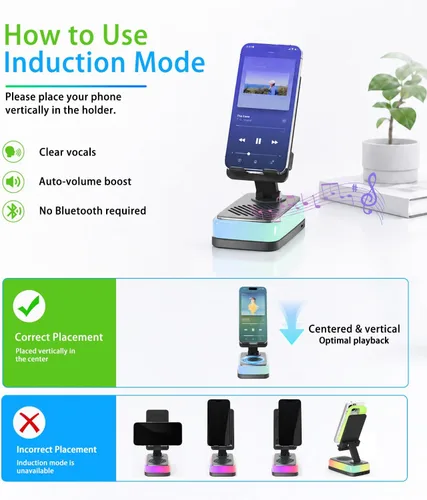 Miniatura 5 de Tatiyana Wireless Induction Speaker with Cell Phone Stand, Bluetooth Audio Speaker Amplifier, Foldable Desk Holder with RGB Light for iPhone Android