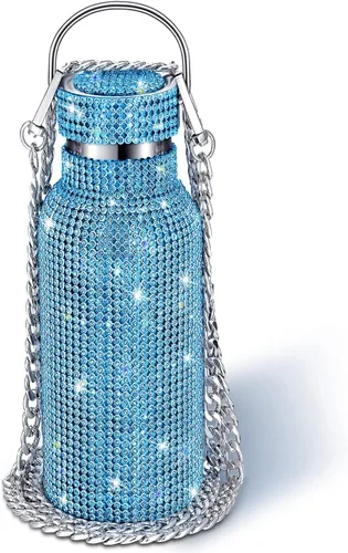 Miniatura 13 de Geiserailie Botella de agua con diamantes de imitación de acero inoxidable, térmica, recargable, aislada, con cadena, para mujeres y niñas