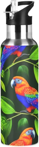 Insulated Stainless Steel Water Bottle with Straw 20 Oz, BPA-Free Sports Water Bottle with Straw for Gym Outdoor Travel School, Vibrant Birds Green