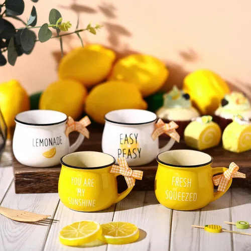 Miniatura 3 de Patelai Juego de 4 Tazas de Limón Mini Tazas de Café 5 oz Tazas de Espresso con Asa Bandeja en Capas de Limón Decoración para Barra de Café Regalo