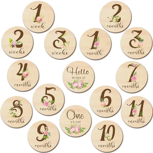 Miniatura 11 de Tiamon 16 tarjetas mensuales de madera para bebé, discos de marcador de hitos mensuales, círculos de madera de doble cara, letreros de meses