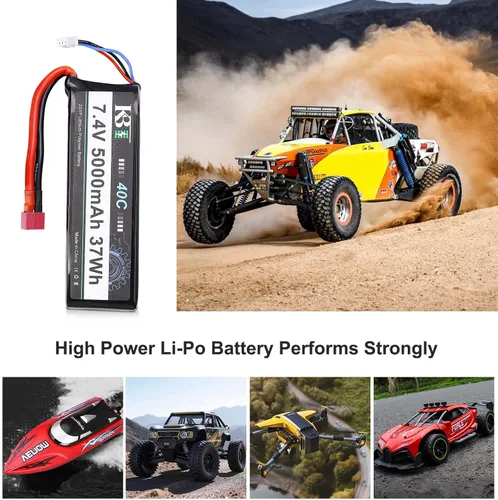 Miniatura 4 de KBT 2S 7.4V LiPo - Batería de alta tasa de descarga, 40C (burst 80C) 5000mAh batería recargable de polímero de litio con enchufe en T para coche RC
