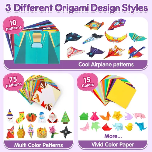 Miniatura 5 de Mocoosy Kit de origami de 320 hojas para niños de 5 a 8 y de 9 a 12 años, kit de aviones de papel, juego de papel para doblar de colores con libro